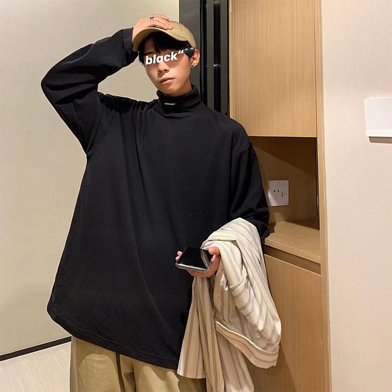 Áo thun tay dài cổ cao dáng rộng màu sắc thời trang cho nam