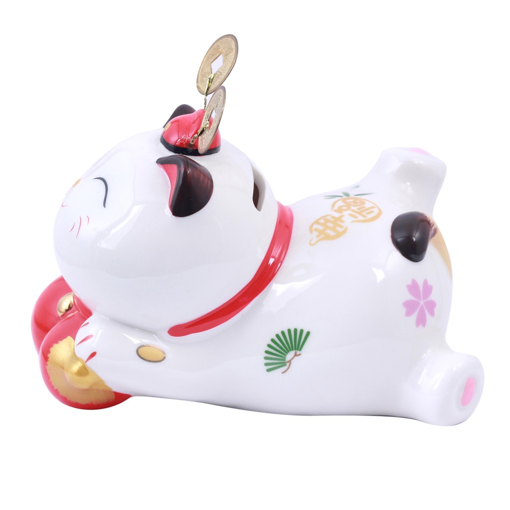 Tượng Gốm Mèo Trắng Nằm Ôm Hồ Lô Đỏ