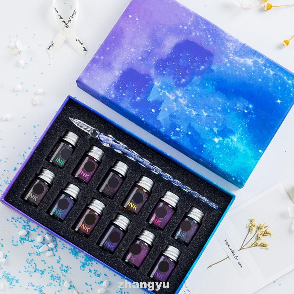 13pcs Stationery Supplies Artisit Signature Calligraphy Art School Crystal Starry Sky Glass Dipped Pen Ink Set