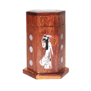 Hộp đựng tăm, gỗ hương, hình lục năng, khảm trai cô gái Việt áo dài