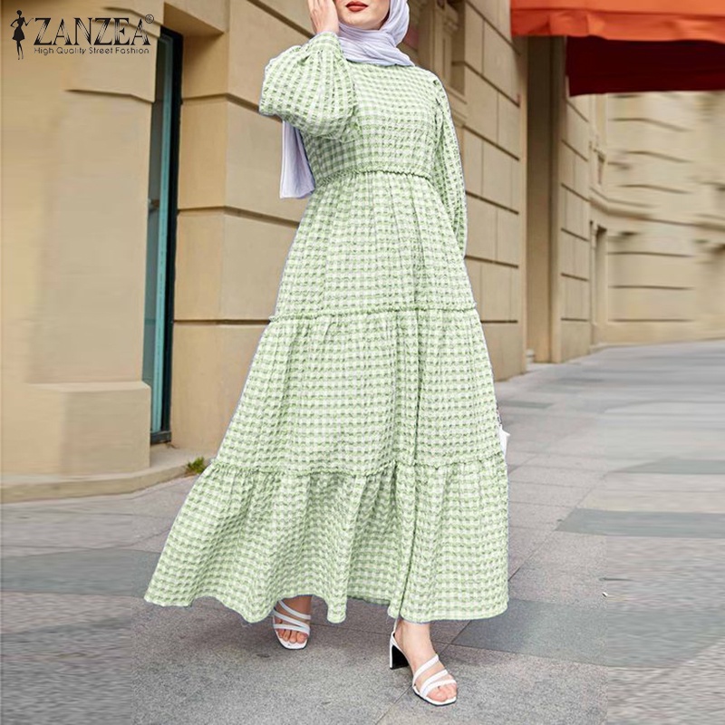 Zanzea Đầm Nữ Tay Phồng Họa Tiết Caro Thời Trang