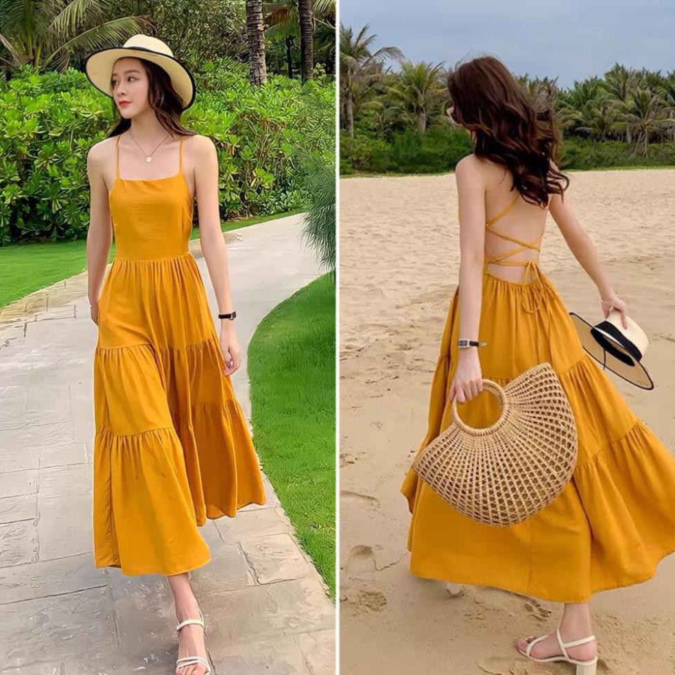 Váy Đi Biển, Váy Maxi 2 Dây Chất Đũi Tơ Hàng Loại 1/ 2 Lớp Siêu Dày Dặn (Hàng Shop) | BigBuy360 - bigbuy360.vn