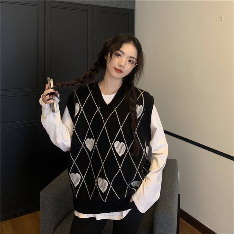 MỚI Áo sweater không tay cổ chữ v dáng rộng phong cách retro dành cho nữ