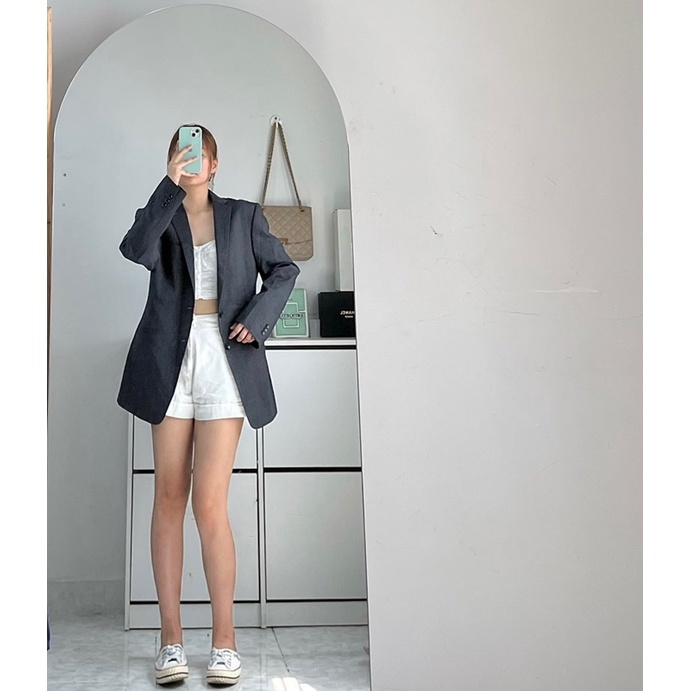 Blazer có đệm vai formal đen sọc thời trang