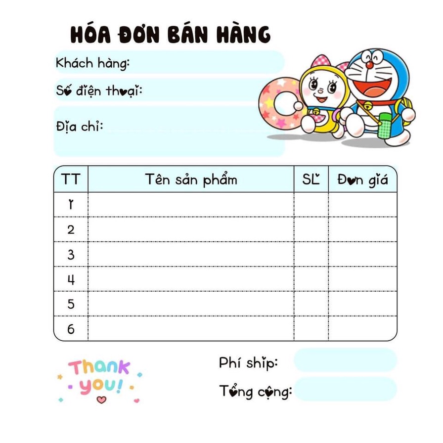 [10 CUỐN TẶNG 1 CUỐN] 10 cuốn HOÁ ĐƠN BÁN HÀNG DOREMON MINI DỄ THƯƠNG 9 x 10 cm.