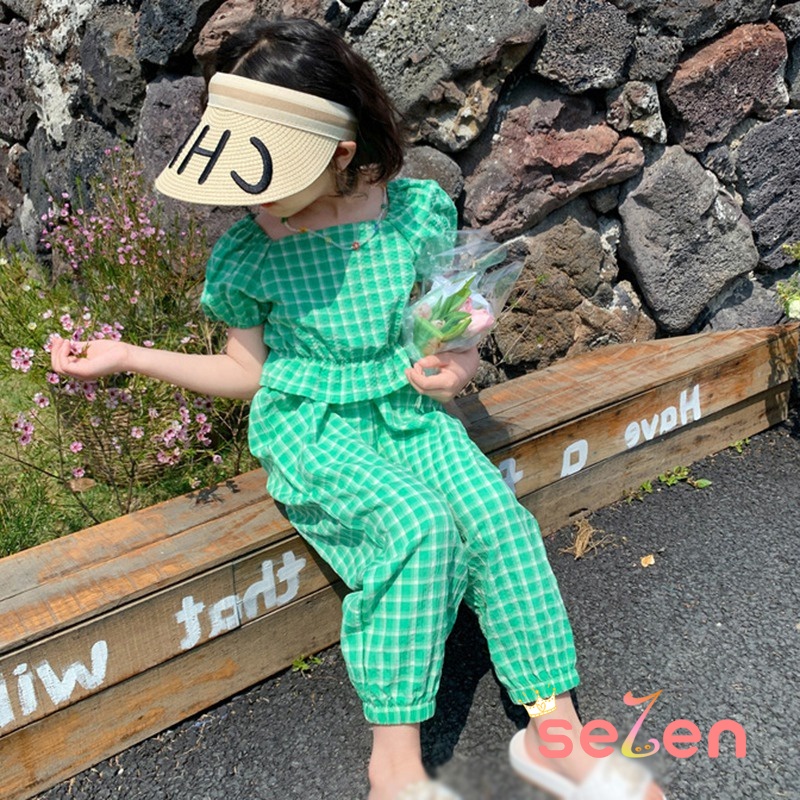 Se7en Set Áo Sơ Mi Tay Ngắn Kẻ Sọc Caro &amp; Quần Dài Cho Bé Gái