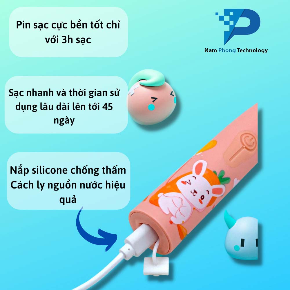 Bàn Chải Đánh Răng Điện Cho Bé DHA 4 Chế Độ Tự Động Đánh Răng, Tặng Kèm 6 Đầu Bàn Chải - NAMPHONG TECHNOLOGY