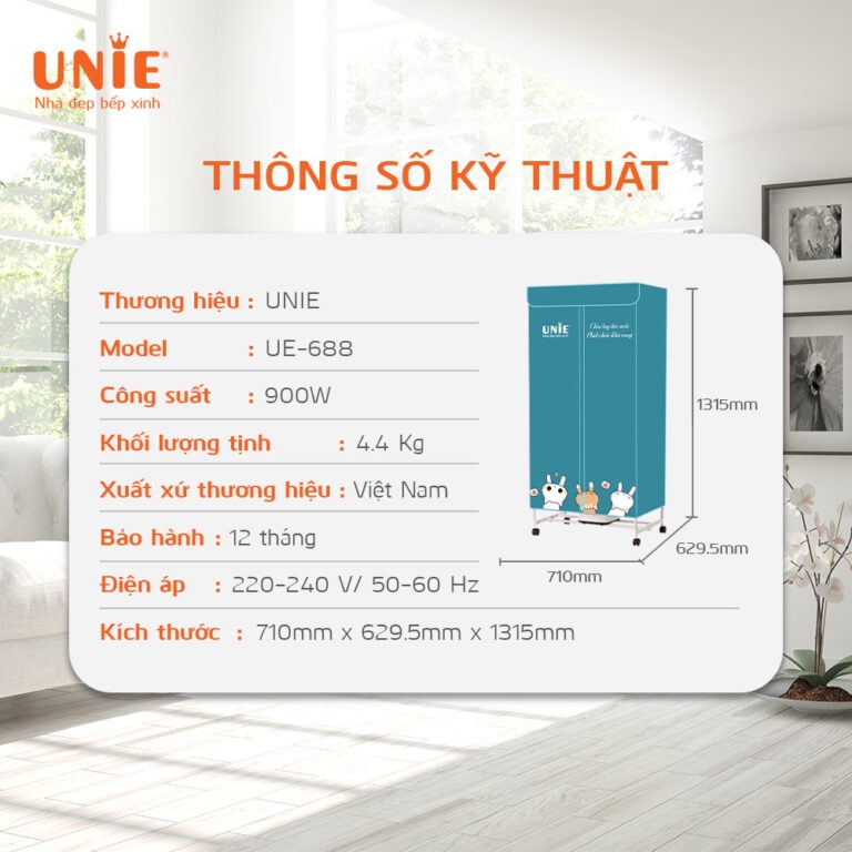 Tủ sấy quần áo UNIE UE-688 công suất 900W sấy khô nhanh tiết kiệm điện an toàn cho gia đình