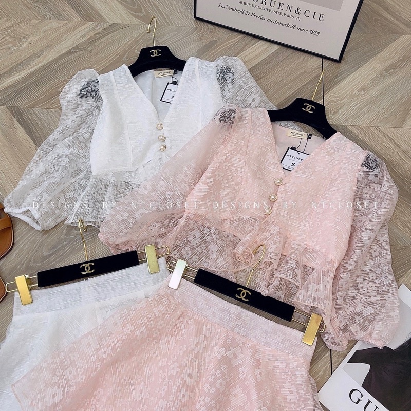 Set áo sơ mi peplum mix quần váy tơ hoa nt closet