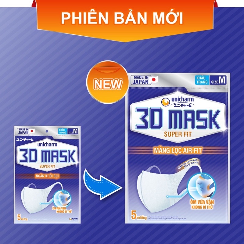 Khẩu trang ngăn khói bụi Unicharm 3D Mask Super Fit size M gói 5 miếng