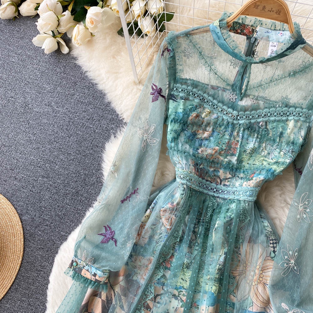 Váy xanh dài tay dáng dài thêu hoa nhẹ nhàng sang trọng  080522