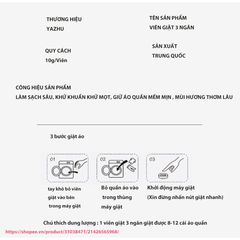 Viên giặt  quần áo 3 in 1 ba ngăn hương thơm lâu loại khuẩn và mạt, viên giặt  1 viên nặng 10g và 16g