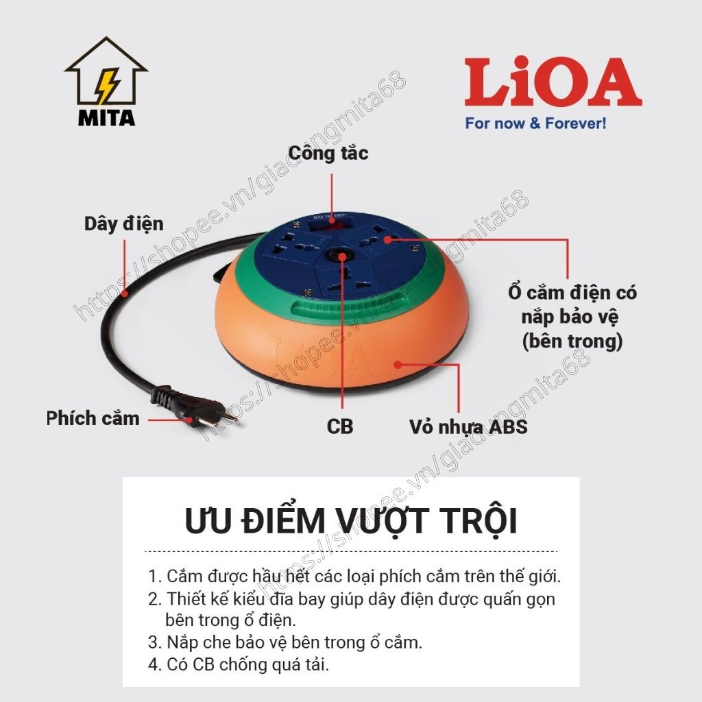 Ổ cắm điện LiOA kéo dài quay tay kiểu đĩa bay 3 ổ dây dài 3m/5m/10m - MITA