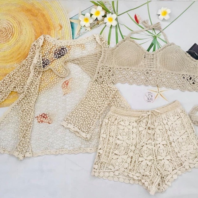 Set biển 3 món - áo bra vây cá + quần ren xẻ vạt + choàng ren hạt gạo tay thường