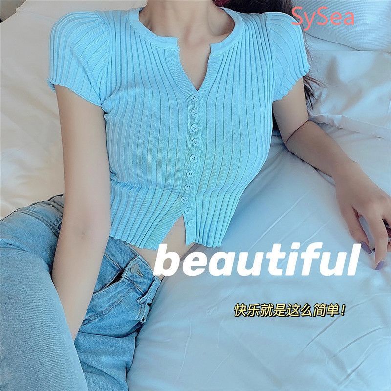 Áo croptop dệt kim tay ngắn màu sắc đơn giản thời trang mùa hè dành cho nữ