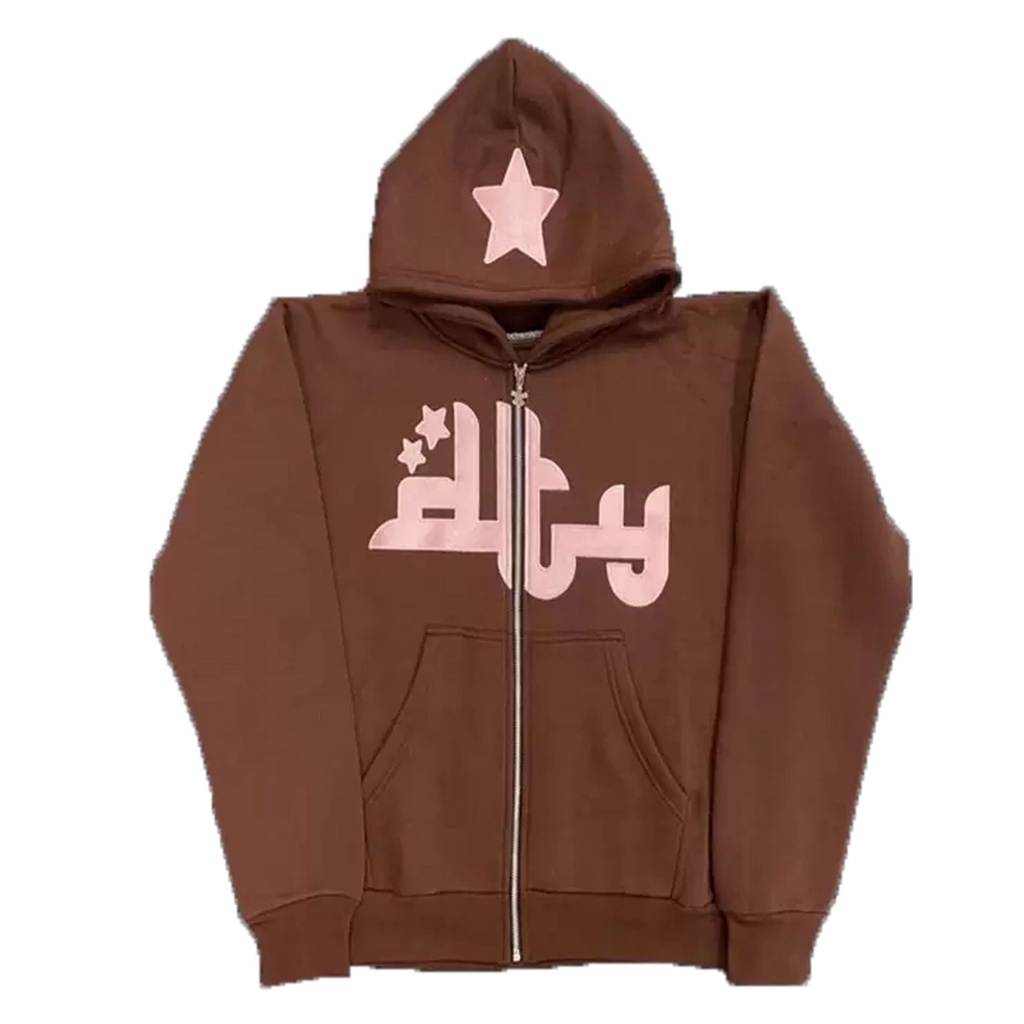 Áo Khoác Hoodie Dáng Rộng Có Khóa Kéo In Chữ Và Ngôi Sao Phong Cách Hip hop Đường Phố Cho Nam Và Nữ