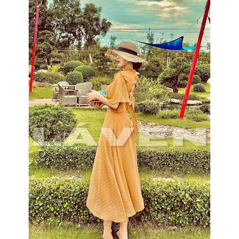 [Mã FATHANG5 giảm 10K đơn 50K] ĐẦM REN BI NỔI CỘT NƠ LƯNG | BigBuy360 - bigbuy360.vn