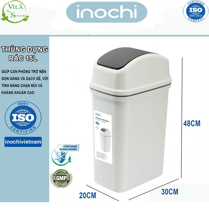 Thùng Đựng Rác, Thùng Rác Nhựa Lắp Lật Có Lõi 15L Inochi Đạt Tiêu Chẩu Xuất Nhật, Châu Âu EU