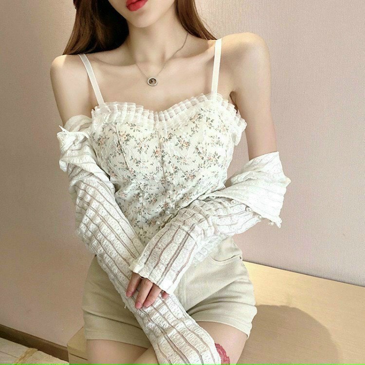 Áo Bra Hai Dây Croptop Phối Ren Họa Tiết Hoa Nhí, Áo Corset Lưng Chun Thoáng Mát | BigBuy360 - bigbuy360.vn