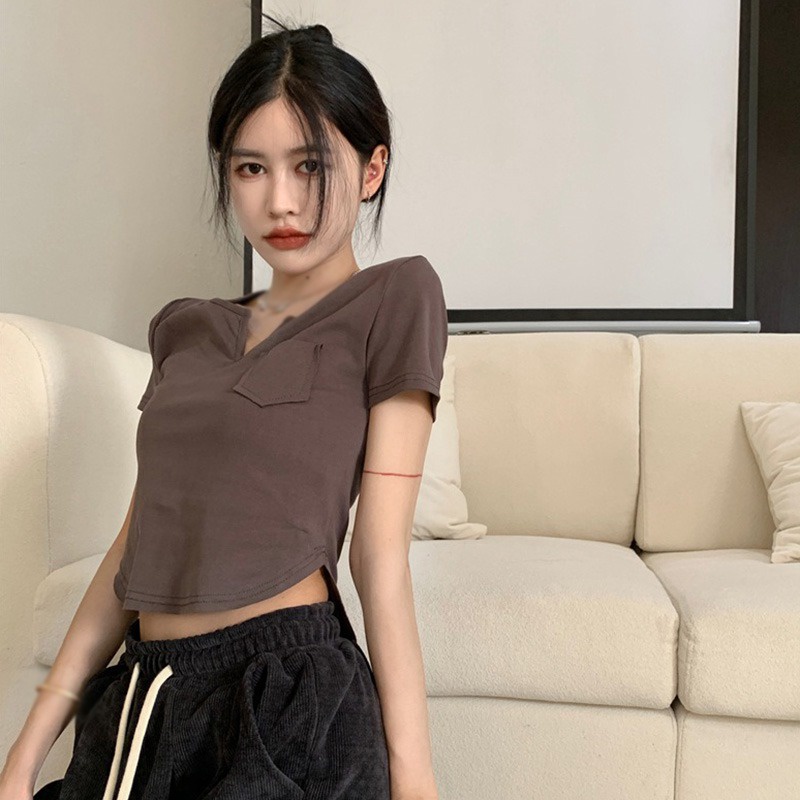 Áo Thun Tay Ngắn Cổ Chữ V Màu Sắc Đơn Giản Cho Nữ