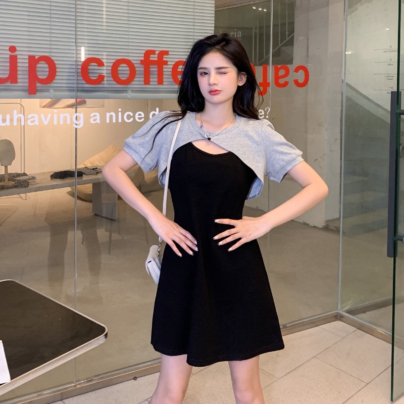 Set đầm hai dây + áo khoác kiểu ngắn tay Perty thời trang dành cho nữ