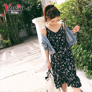 Cổ Chữ v Nhỏ Đầm Sling Phiên Bản Hàn Quốc Retro Thời Gian Giữa Chiều Dài Cổ Chữ v Hoa Voan Nữ Mùa Xuân Sling Dress Nhật Bản Phong Cách Hàn Quốc Jumpsuit Chính Hãng Đầm Hàn Quốc