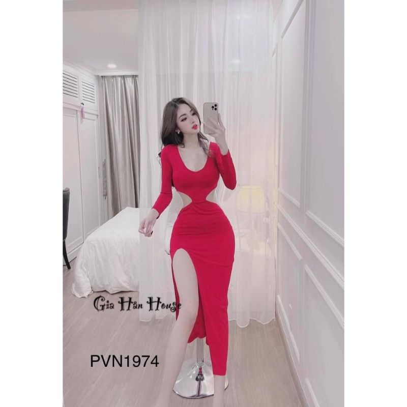 Đầm Thun Ôm Body Tay Dài Cổ V Dáng Dài Maxi Xẻ Tà Khoét Eo Sexy | BigBuy360 - bigbuy360.vn