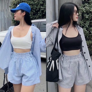 Set 3 món : áo thun croptop ba lỗ + áo sơmi sọc tay dài + quần short