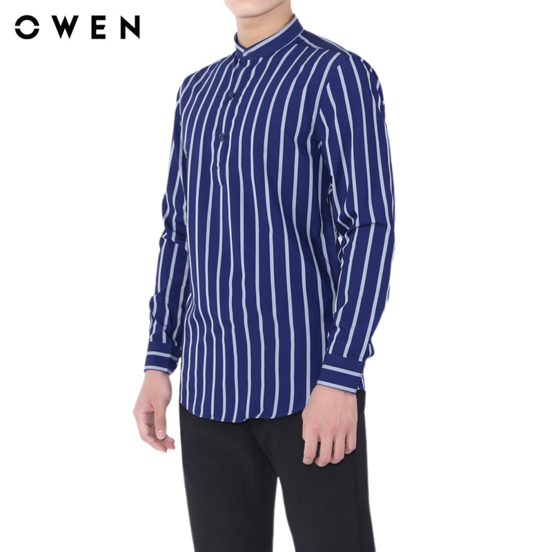 Áo sơ mi cổ trụ dài tay nam Owen Bạch đàn Regular Fit Xanh kẻ - AR20748D