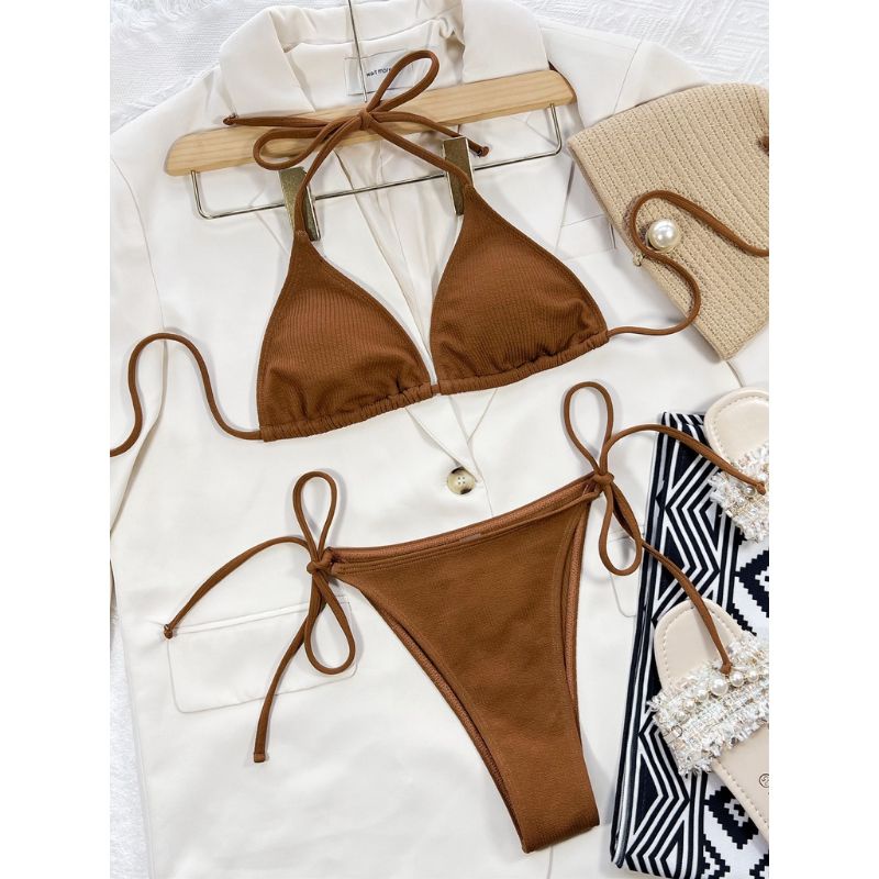 Lakie_bikini: Bikini Tam Giác Basic Khoét Hông Cạp Cao Nâu Tây