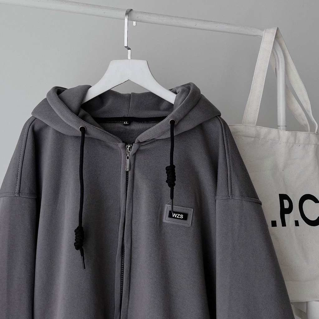 Áo khoác ngoài hoodie zip XÁM  WZS TEM SU dây kéo vải nỉ lót bông form rộng unisex nam nữ