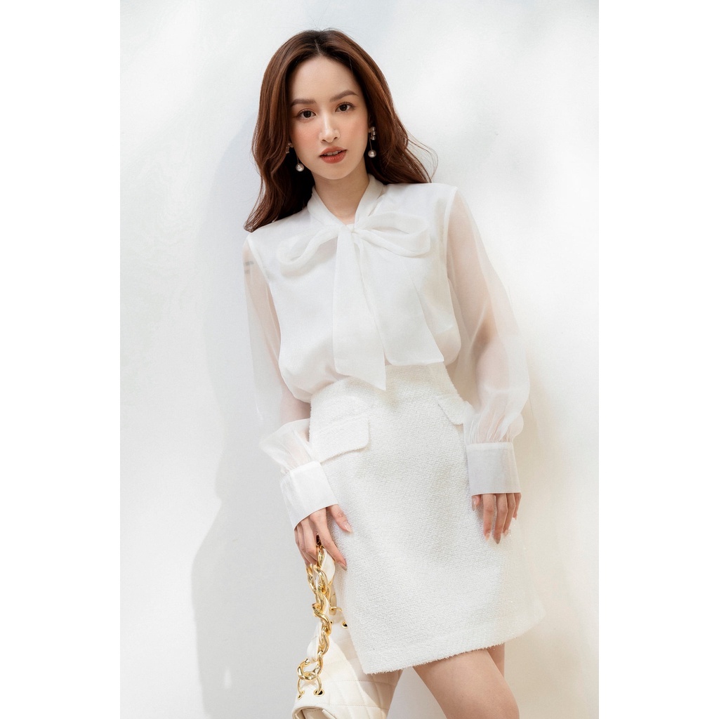 Áo sơmi tơ cổ thắt nơ tay măng sec TIINSTORE AHD408
