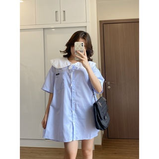 Váy đầm nữ cổ sơ mi cài cúc ngắn tay phối cổ nơ thời trang Hàn Quốc