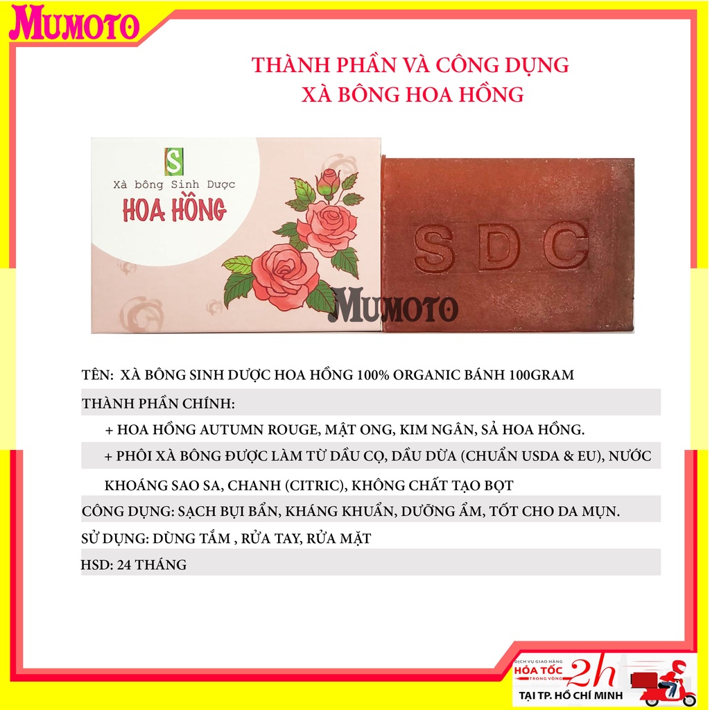 Xà bông Sinh Dược hoa hồng 100% tự nhiên (organic rose soap), dưỡng ẩm, sạch da và ngăn lão hóa - Mummart