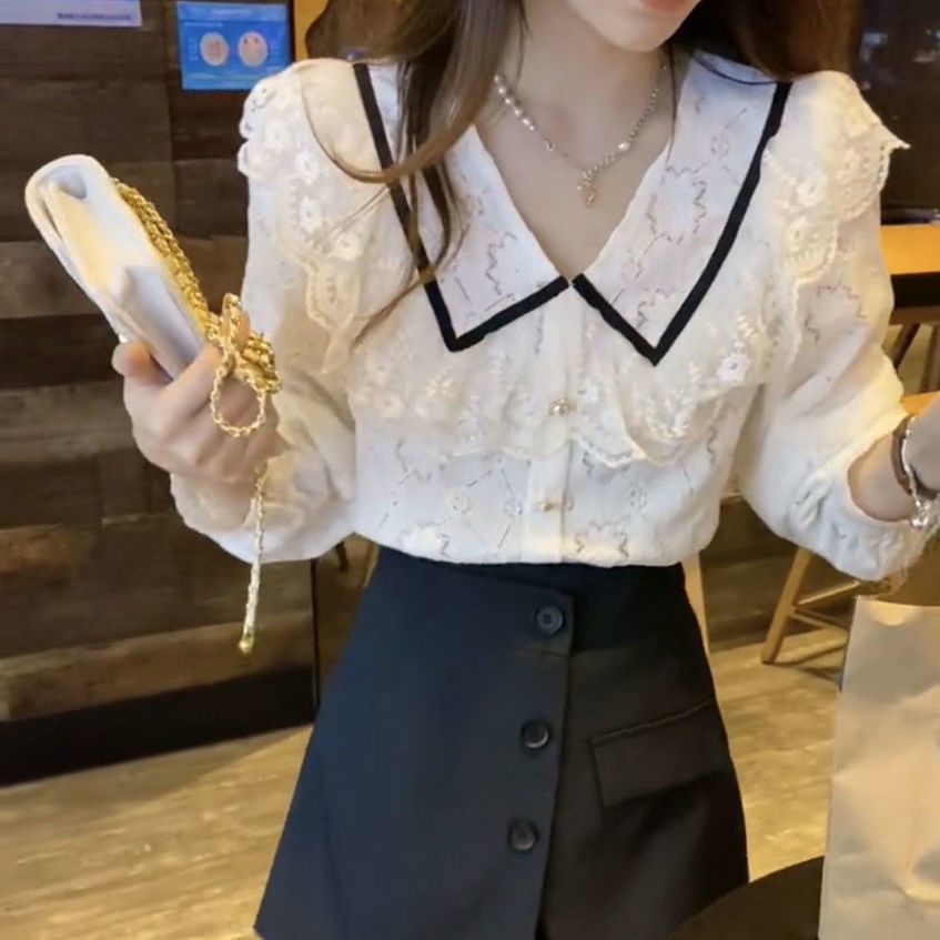 Áo sơ mi phối ren phong cách Hàn Quốc ngọt ngào mới dành cho nữ 2021