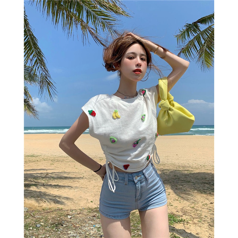 Áo Thun Dệt Kim Sát Nách Phối Dây Rút Thêu Họa Tiết Trái Cây Xinh Xắn