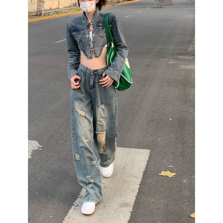 Phong Cách Mùa Thu Mới!F & X Set Áo Khoác Denim Dáng Ngắn Rộng Rách Cá Tính Ngọt Ngào Thời Trang Hè Thu Cho Nữ @