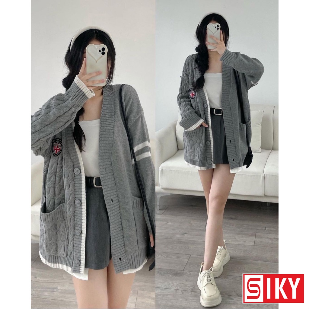 Áo cadigan len xám nữ Sliky huy hiệu chất dày dặn - KL09