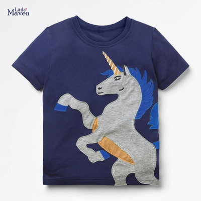 Áo thun cộc tay bé gái chính hãng LITTLE MAVEN - mẫu ATE055 ÁO XANH THAN ĐẮP HÌNH UNICORN XÁM