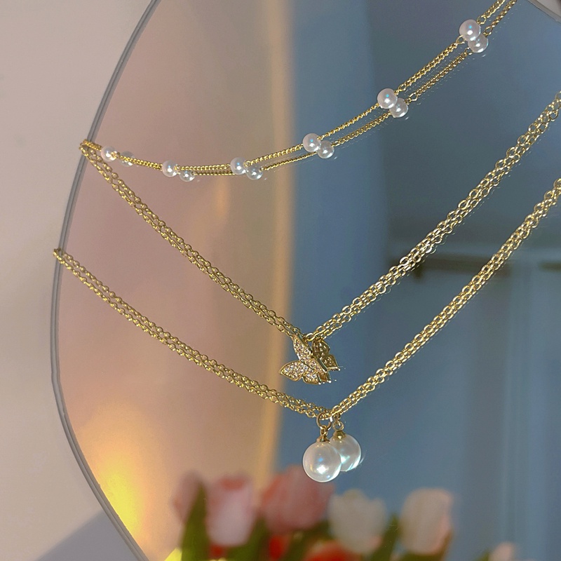 Vòng cổ choker vàng nhiều lớp 17KM hình bướm đính ngọc trai thời trang Hàn Quốc cho nữ