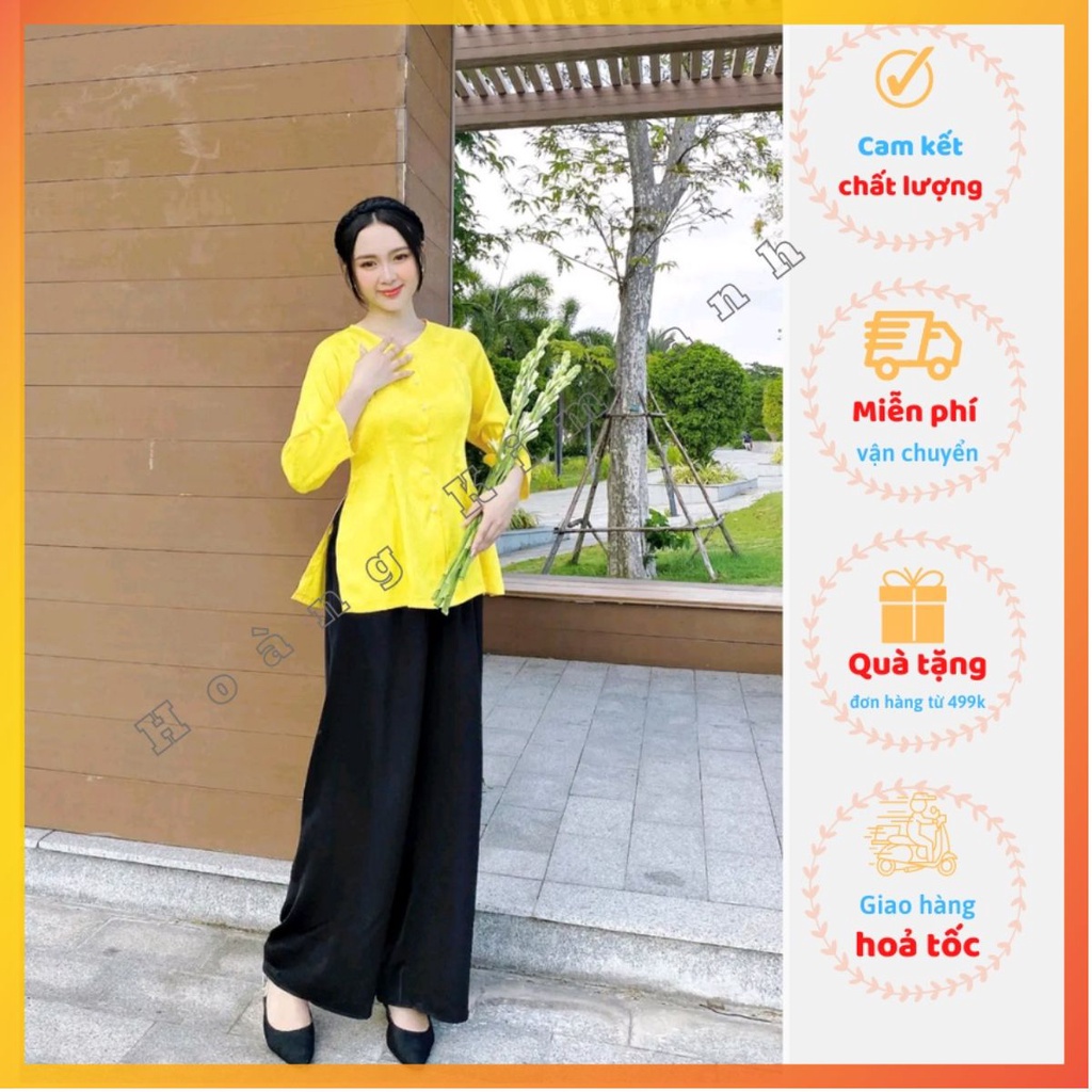 Áo bà ba lụa gấm vân đi lễ chùa thiết kế cổ tim cách tân đồ lam truyền thống hàng loại 1 kèm quần may sẵn màu vàng tươi