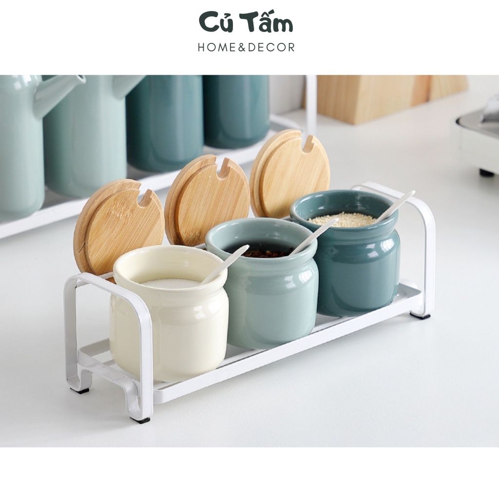 Lọ đựng gia vị, hũ gia vị kèm kệ đựng gia vị bằng sứ cao cấp kèm kệ (set 3) - cutam.homedecor