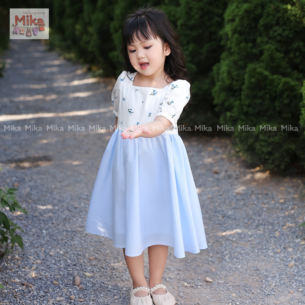 Váy xòe cho bé Mika by T, Váy hoa nhí phối tùng xòe , Cổ vuông dáng xòe chất liệu thô lụa