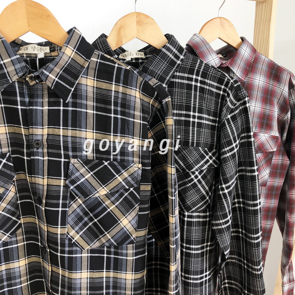 Áo sơ mi Flannel kẻ GOYANGI Unisex oversize form rộng cho cả nam và nữ phong cách Hàn Quốc