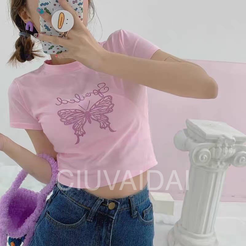 Áo croptop nữ bướm hồng siêu hot trend