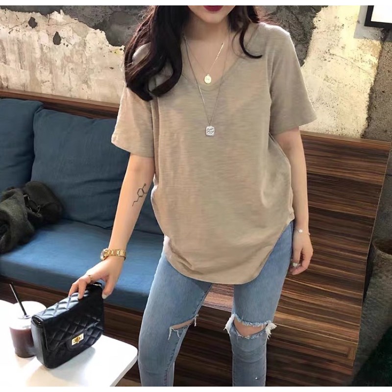 Áo phông trắng cotton nữ cổ V cộc tay đơn giản nhẹ nhàng