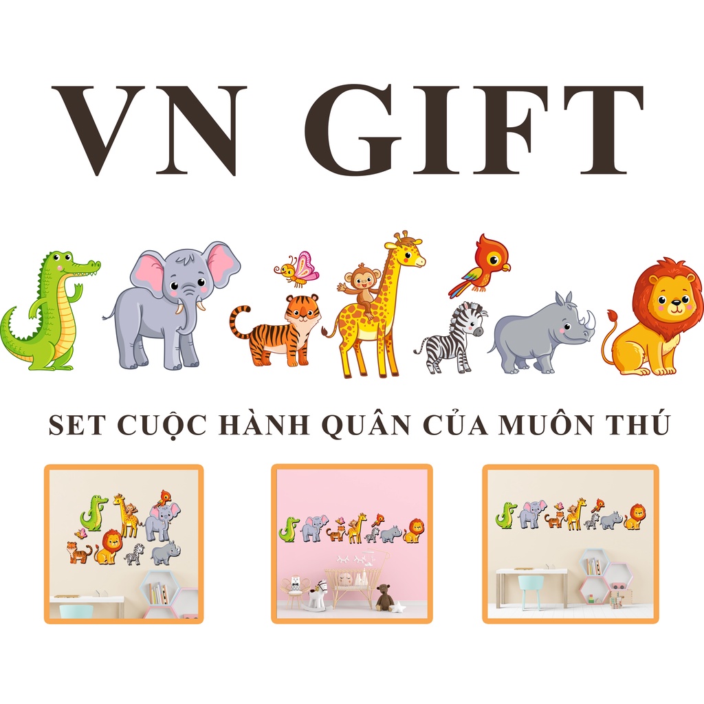 Set tranh gỗ hành trình muôn thú gồm 10 con vật làm bằng gỗ cao cấp trang trí nhà cửa, có sẵn băng dính 2 mặt siêu dính