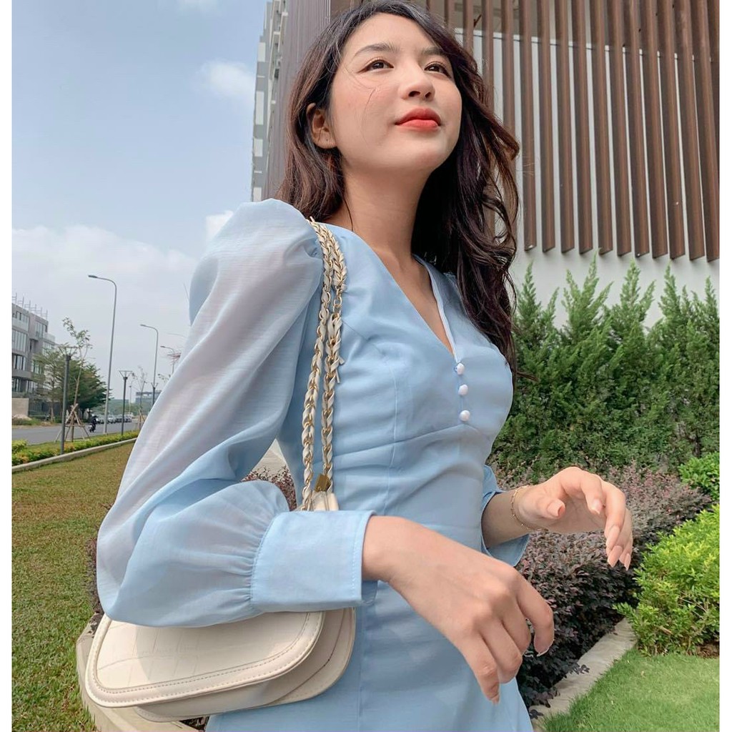 Đầm Nữ Đuôi Cá BLUE0 Cổ V Tay Phồng Dài Màu Xanh Size S M L Dùng Dự Tiệc Đi Làm Đi Chơi Đi Biển