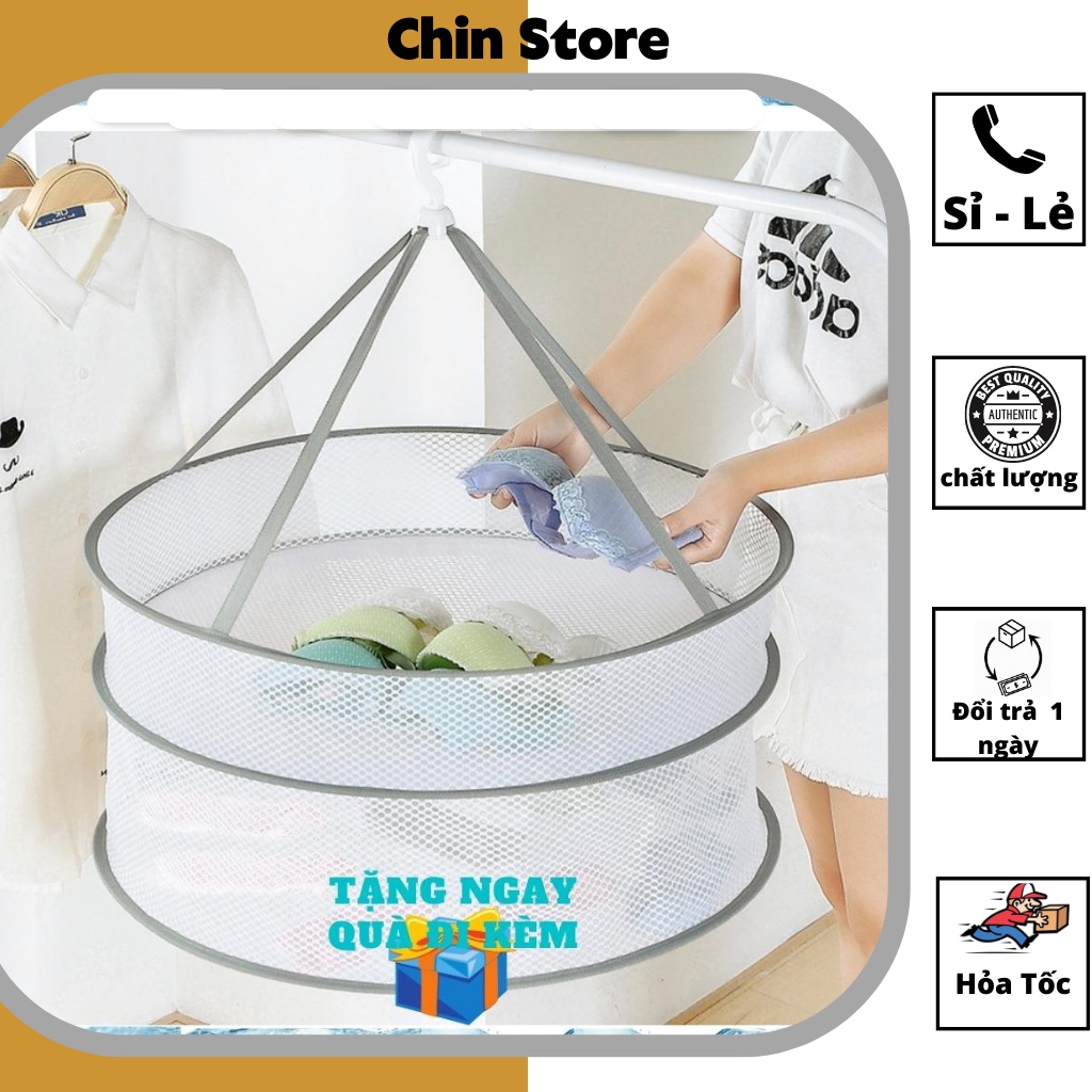 Giá phơi quần áo, đồ lót - giỏ phơi đồ dạng lưới có móc treo xoay, gấp gọn 61*58cm