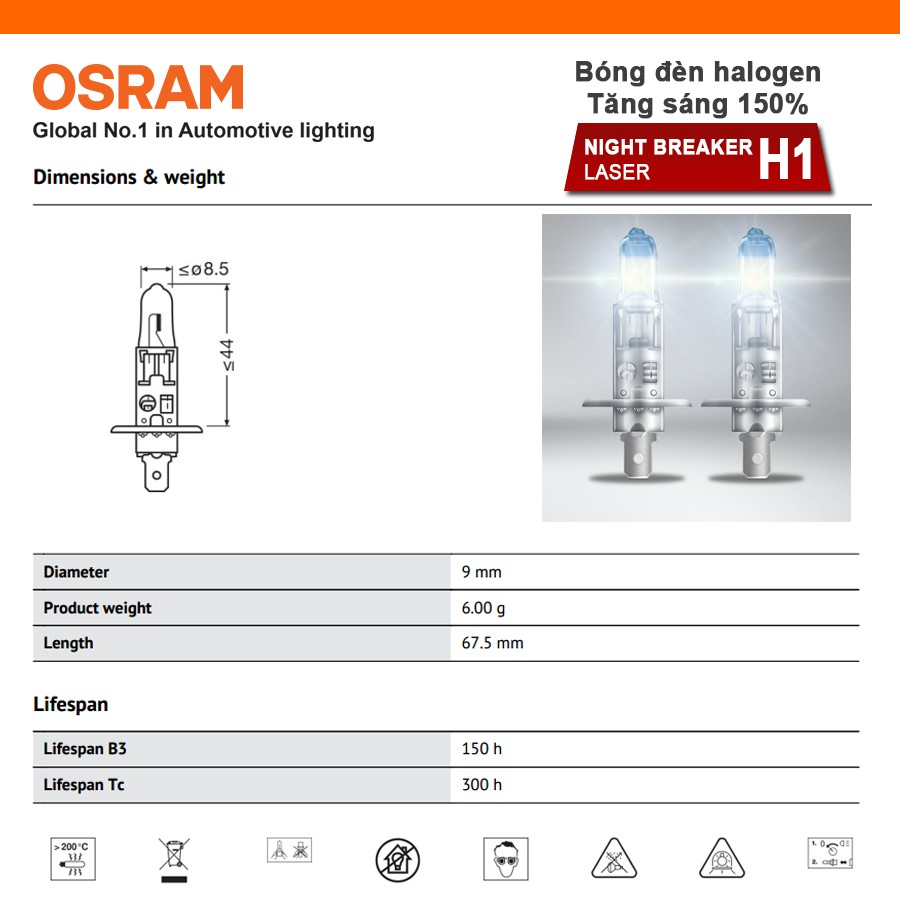 Combo 2 Bóng Đèn Halogen Tăng Sáng 150% OSRAM Night Breaker Laser H1 12V 55W - Nhập Khẩu Chính Hãng